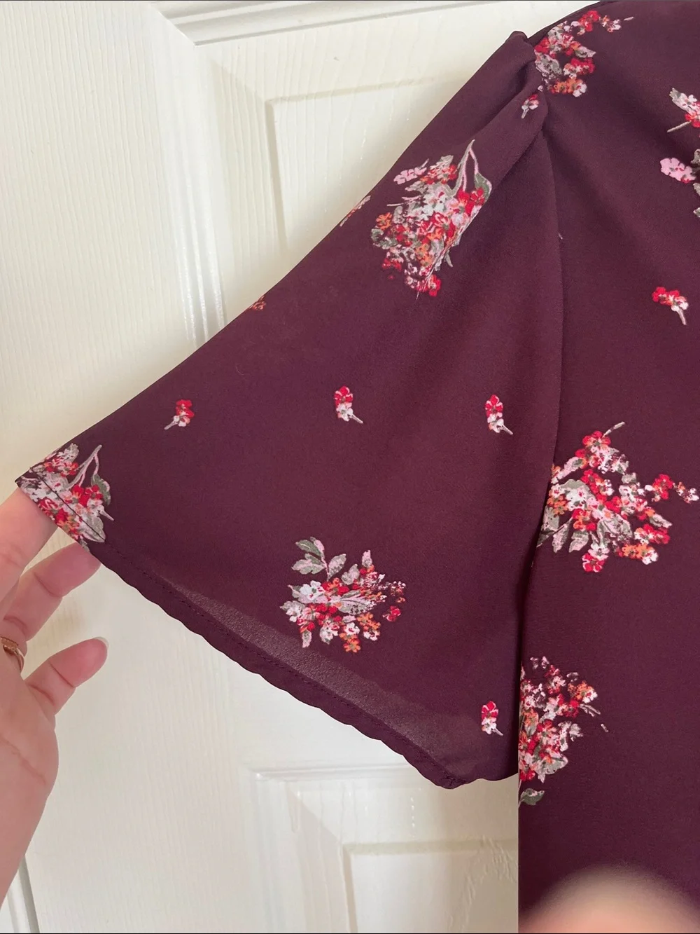 Maurices Burgundy Floral Short-Sleeve Split-Neck Blouse - Picture 2 of 4